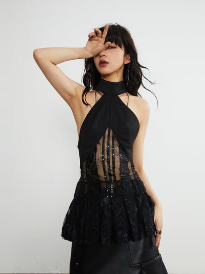 Lace Sequins PLEATED HEM HANGING NECK TOP