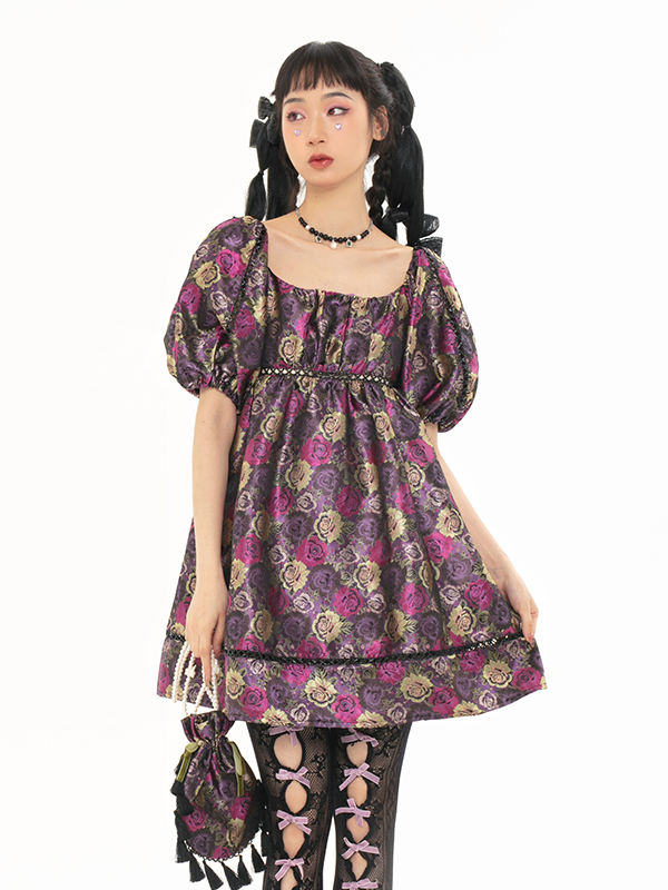 Rose Jacquard Puff Sleeve Dress