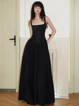 Embroidered Long Backless Sling Dress