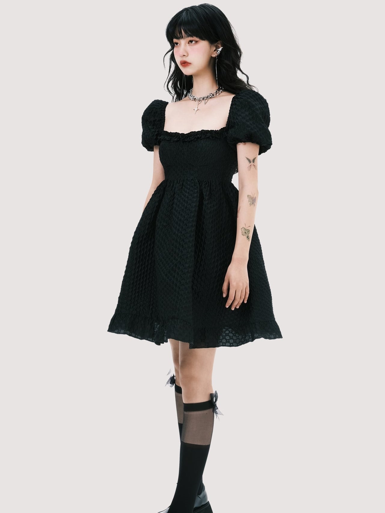 JACQUARD SQUARE NECK PUFF SLEEVE DRESS