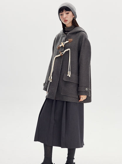 Hooded Horn Buckle Wool Coat