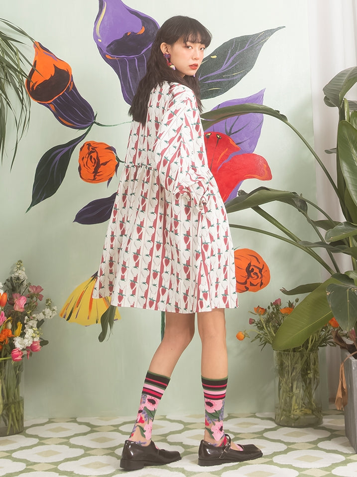 Strawberry Full Print High Waist Doll Collar Dress