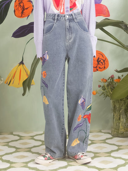 Flower Print Light Wash Blue Loe Denim