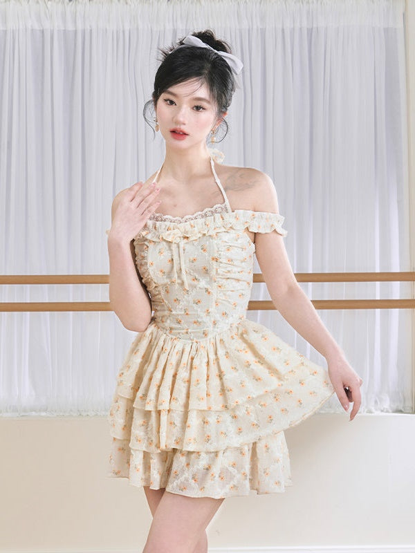 Floral Lace Shoulder Fluffy Cake Dress