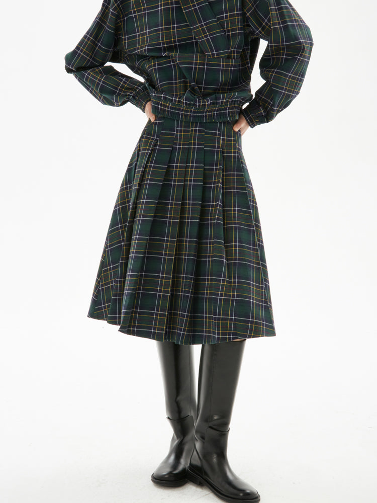 Plaid Pocket Top &amp; Pleated Skirt