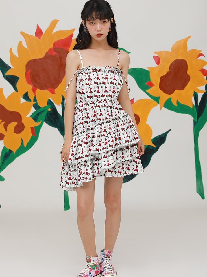 Small Floral Print IRREGULAR LOTUS LEAF SLING DRESS