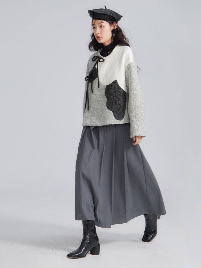 Contrast Color Peony Slanted Placket Heavy Woolen COAT