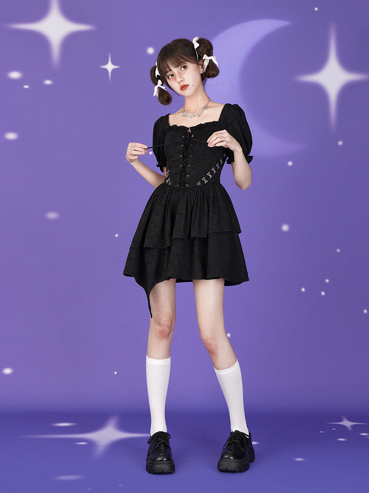 Laceup Short-Sleeed Tutu Dress