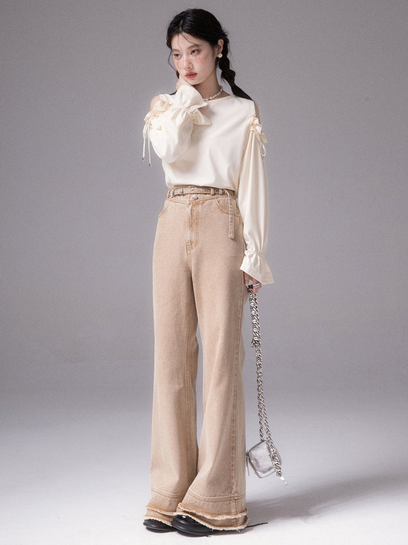 Bell Bottom Denim Ruffle Pants - Cow print