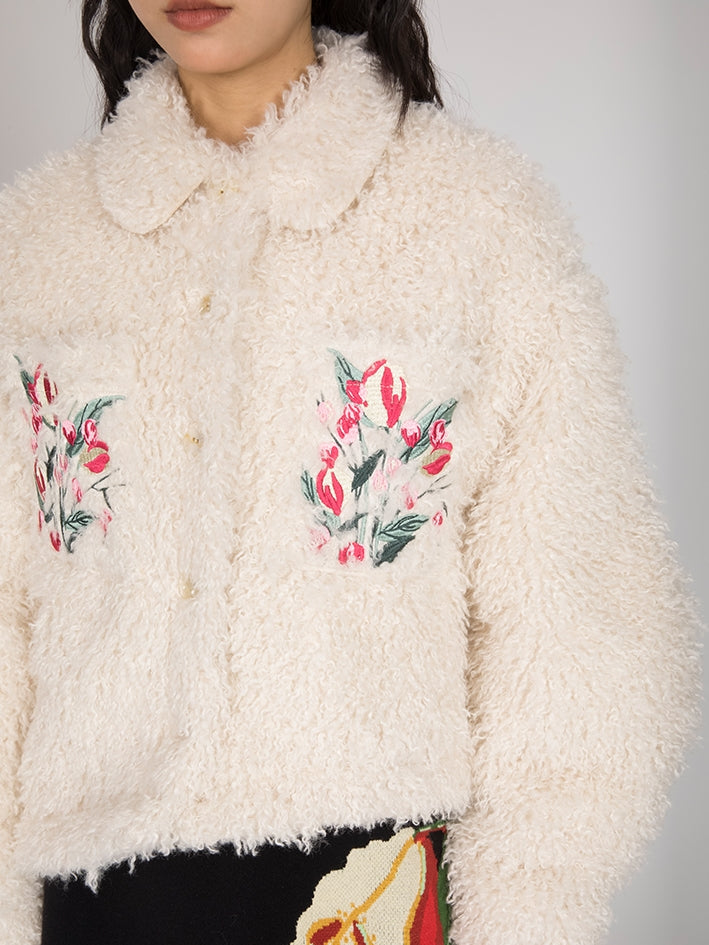 Tulip Pattern Embroidery Plush Short COAT