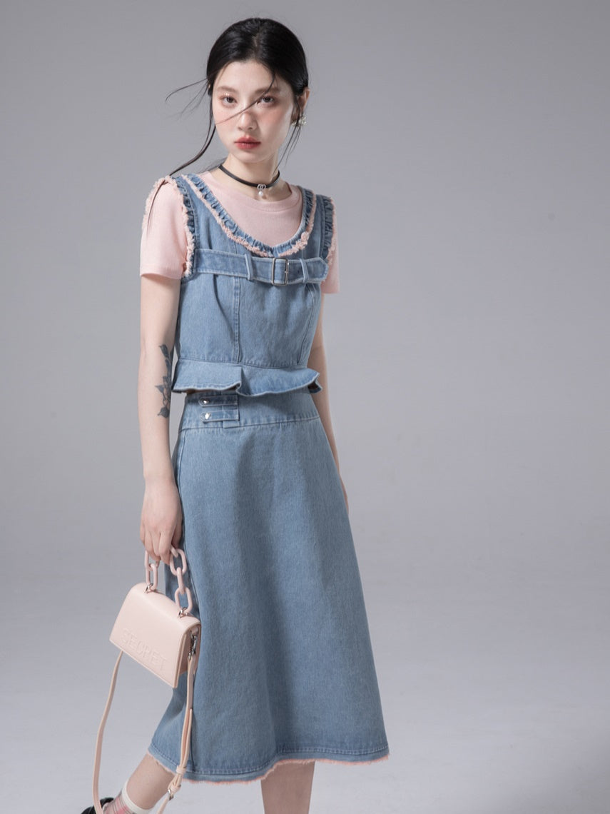 Denim Vest &amp; Skirt &amp; Bottoming T-Shirt Set-UP