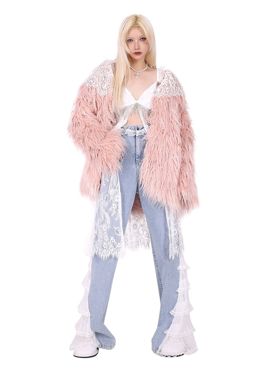 Lace Lapel Fur Coat