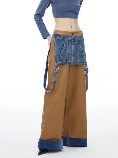 Denim Suspenders Wide-Leg Pants