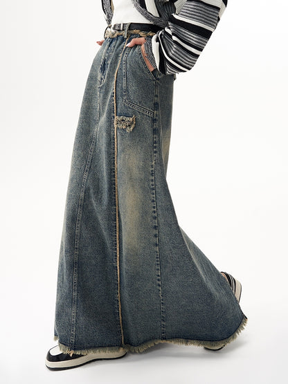 Retro Raw Edge Slit Washed Denim Skirt