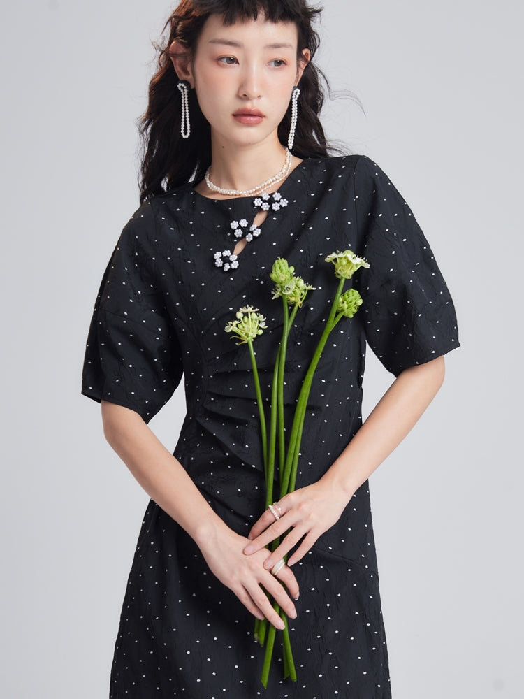 Bead Flower Jacquard Polka Dot Irregular Dress