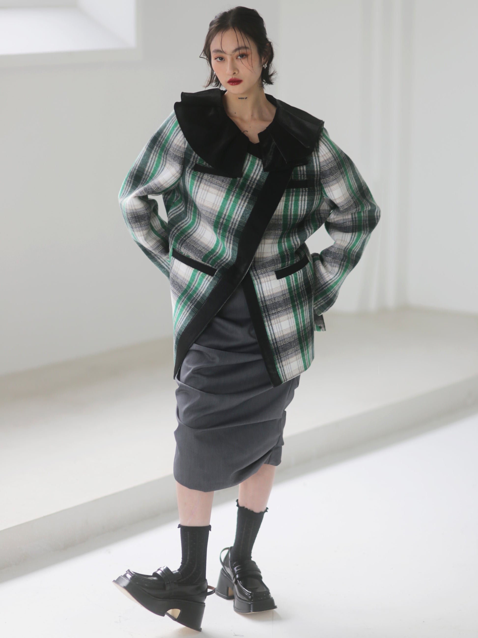 PLAID LACE COLLAR Woolen Jacket