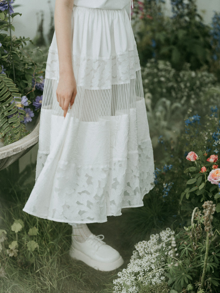 Lace Panel Long Flare Femineine Skirt