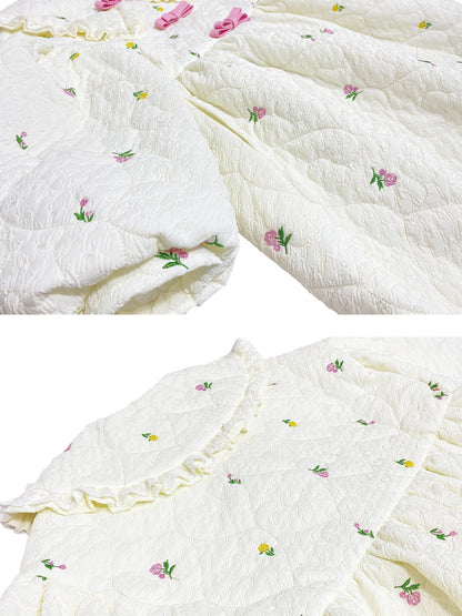 Flower Embroidery Loose Mid-length Cotton Quilted Coat