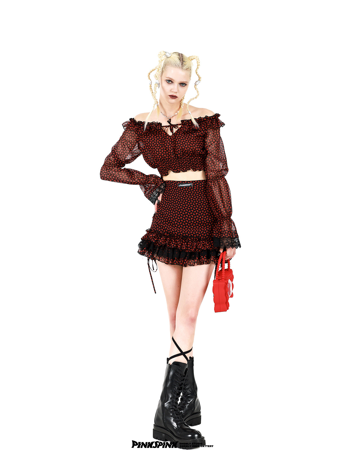 Cropped Sheer Moon Frill Blouse Skirt Set-UP