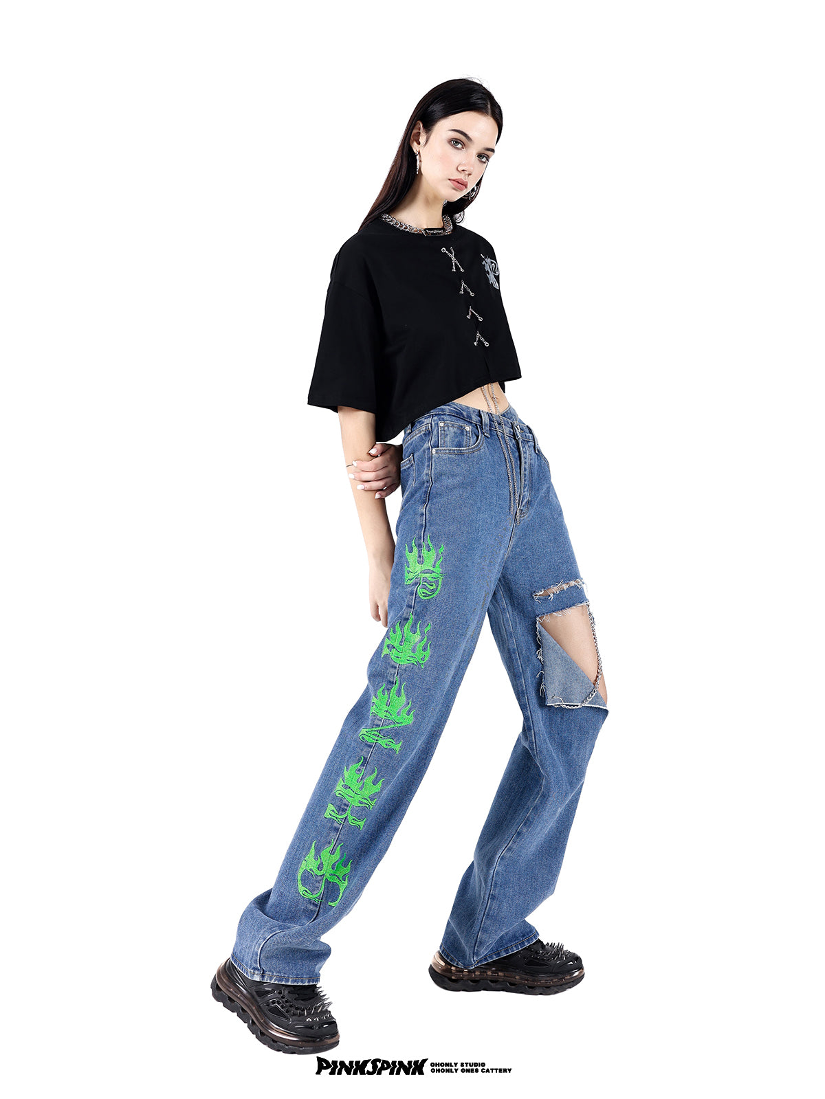 Damage High-Waist Wide-Leg Denim Pants