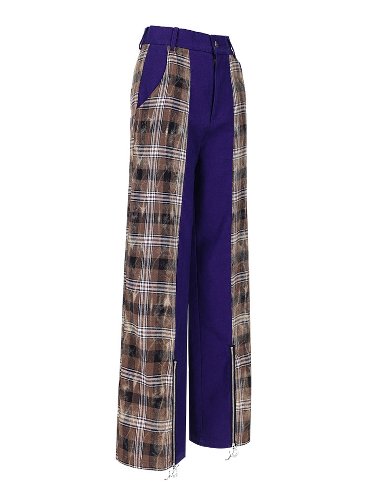 Zipper Stitching Plaid Wide-leg Pants