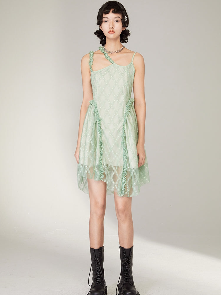 Green Lace Irregular Hem Split Sling Dress