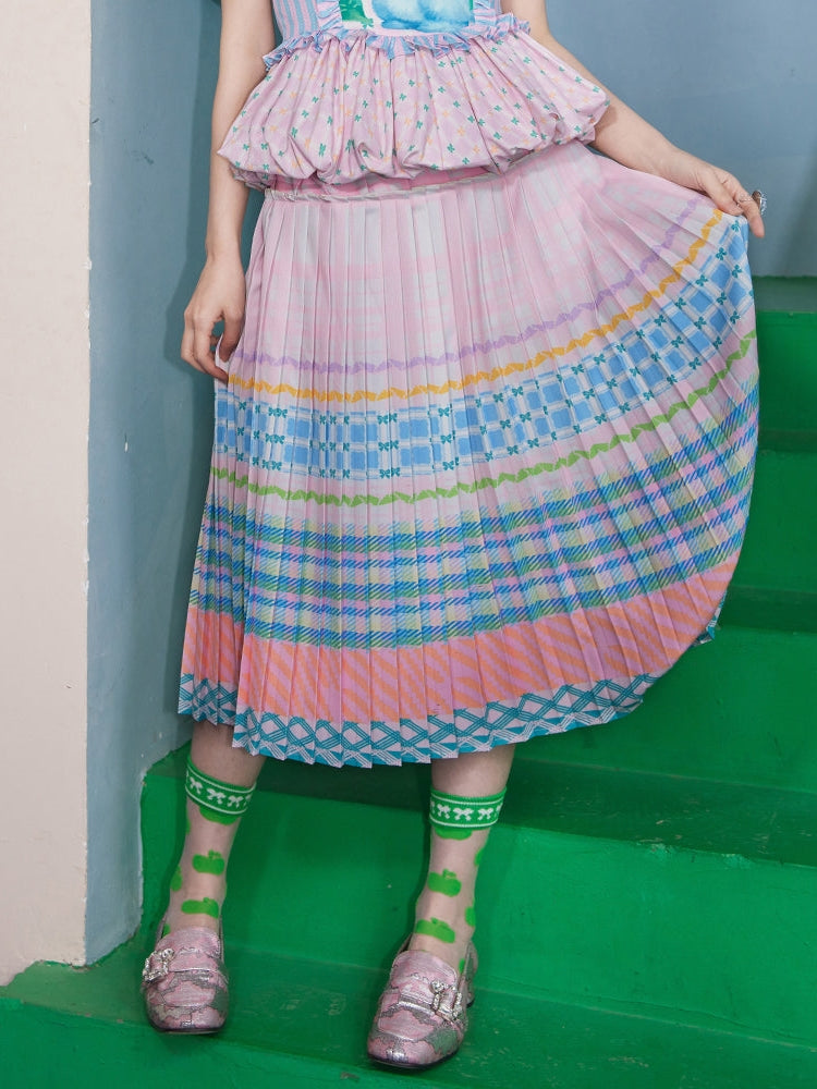 Macaron Check Striped Pattern PLEATED SKIRT