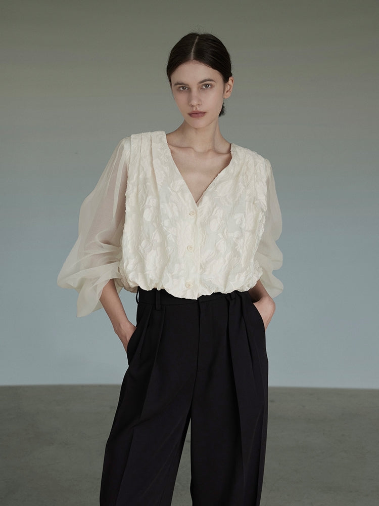 Jacquard Tulle V-neck Shirt