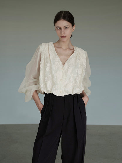 JACQUARD TULLE V-NECK SHIRT