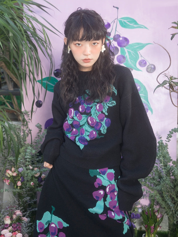 Grape Pattern Jacquard Design Sleeve Sweater