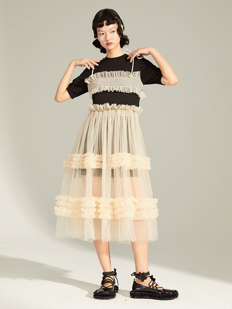 Fake Two-Piece Mesh Stitching Lace Dress