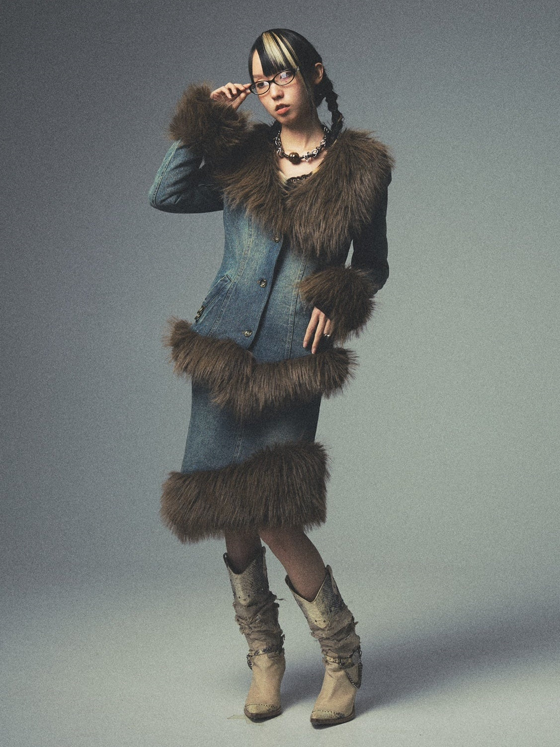 Washed Old QUILTED ASYMMETRIC FUR COLLAR Lapel Denim Jacket &amp; Skirt