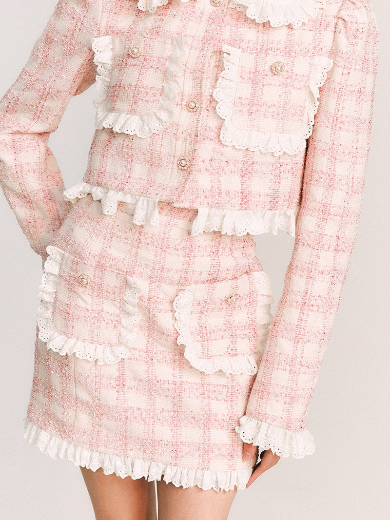 Lace Stitch Plaid Jacket &amp; Half Skirt