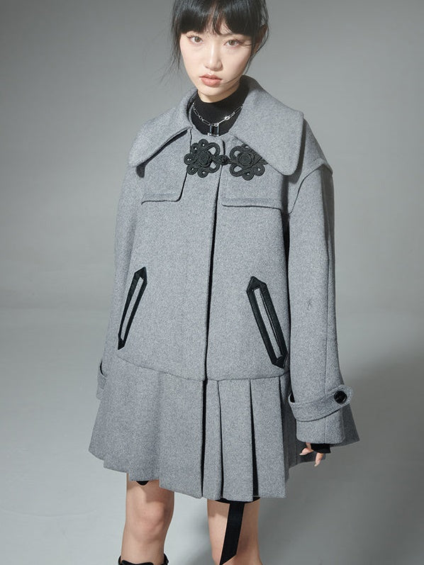 New CHINESE STYLE BUCKLE PLEATED WOOL COAT