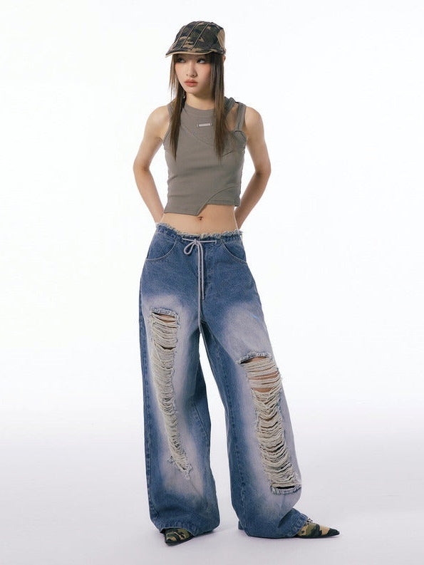 Ripped Washed Wide Leg Jeans