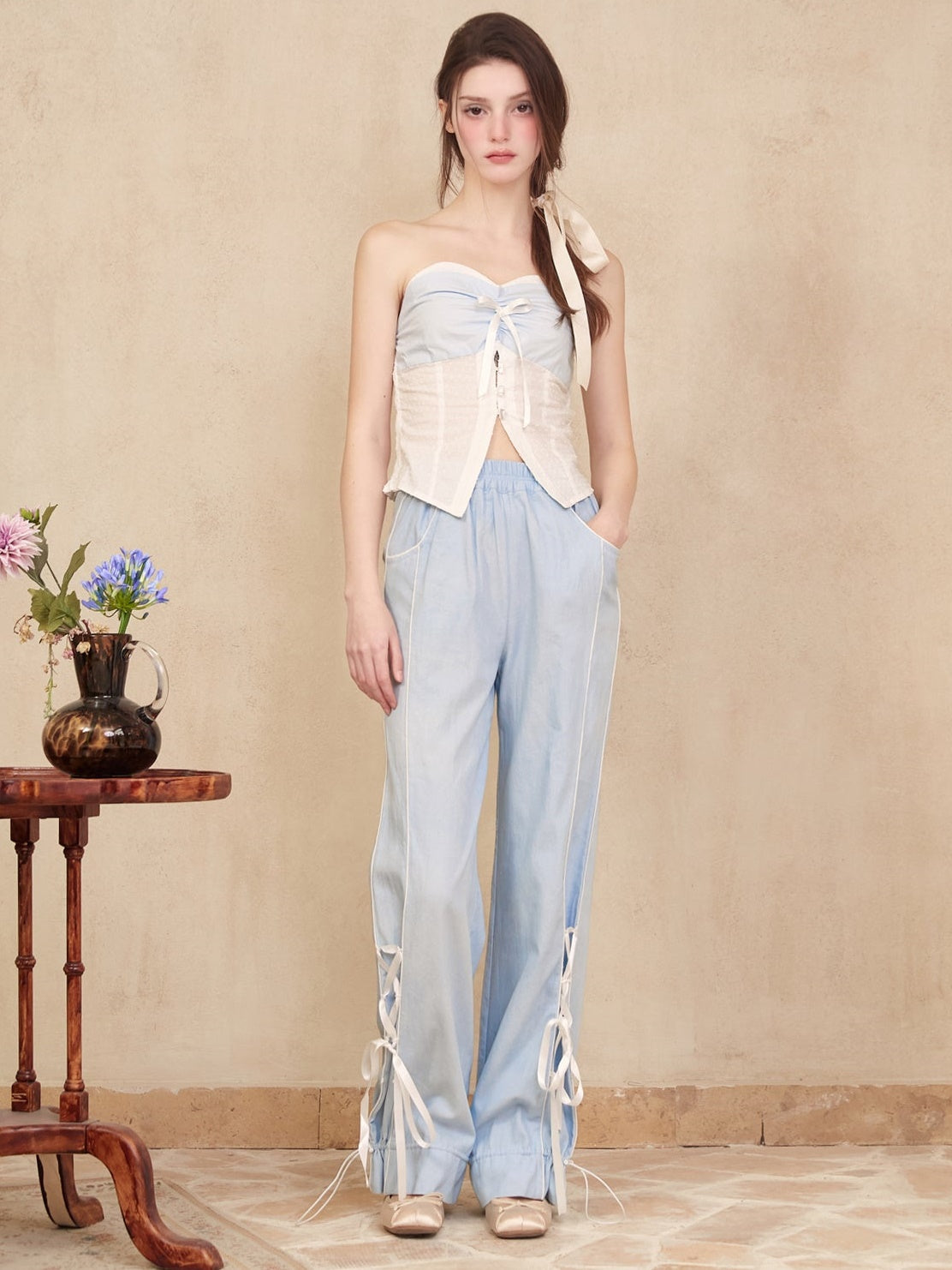 Denim Ballet Lace-up Ribbon Pants