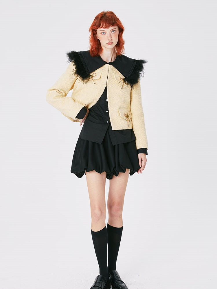 Sweet Cute Ribbon UNIQUE NO-COLLAR TWEED JACKET