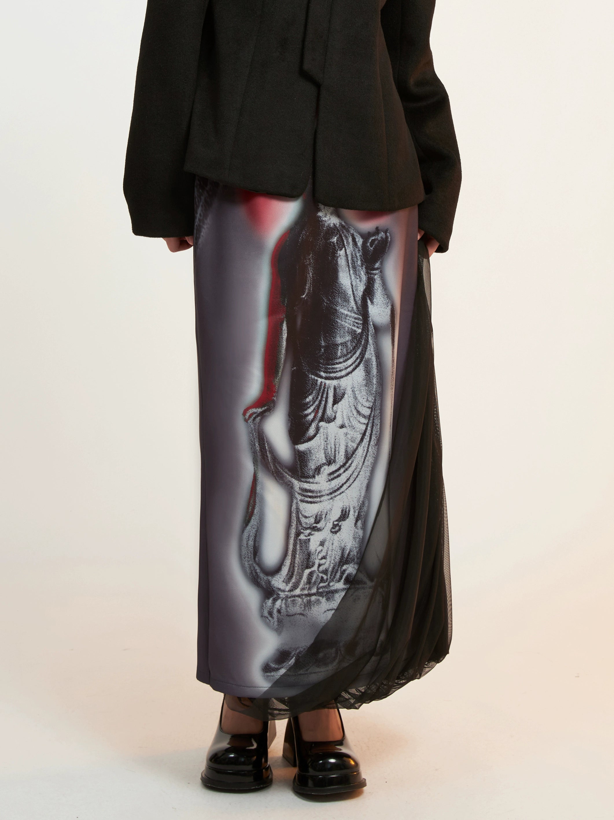 Oriental Printed Mesh Layered Design Long Skirt