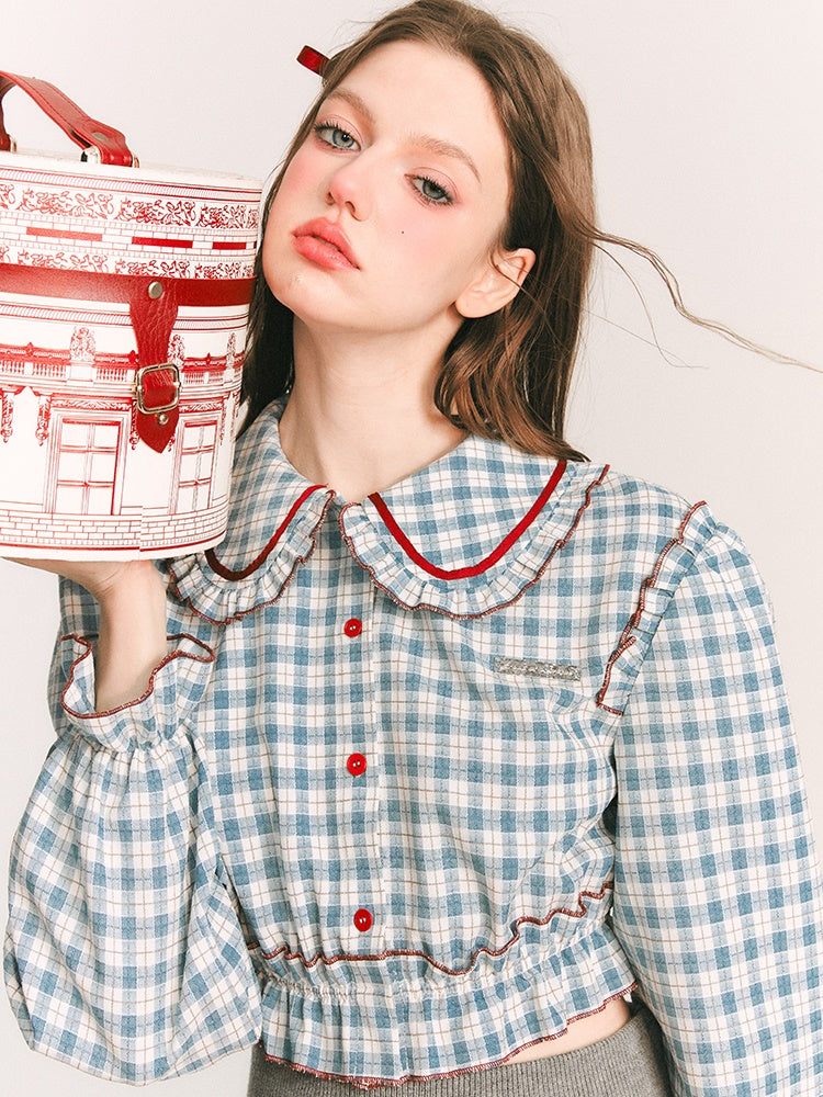 PLAID DOLL COLLAR PUFF SLEEVE SHIRT