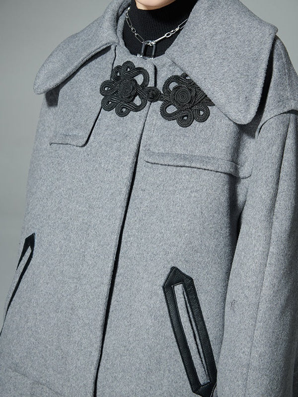 New CHINESE STYLE BUCKLE PLEATED WOOL COAT