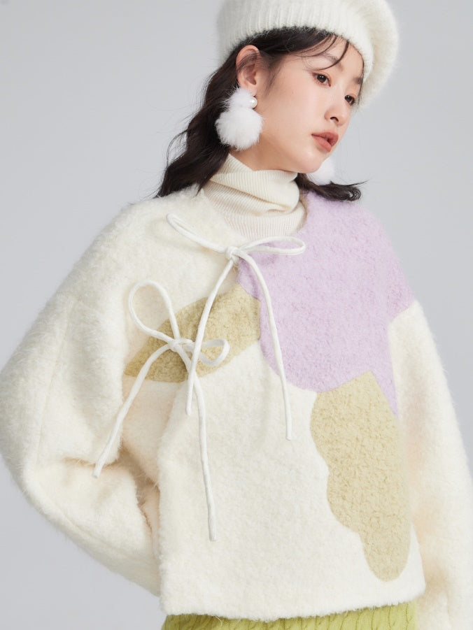 Contrast Color Peony Slanted Placket Heavy Woolen Coat