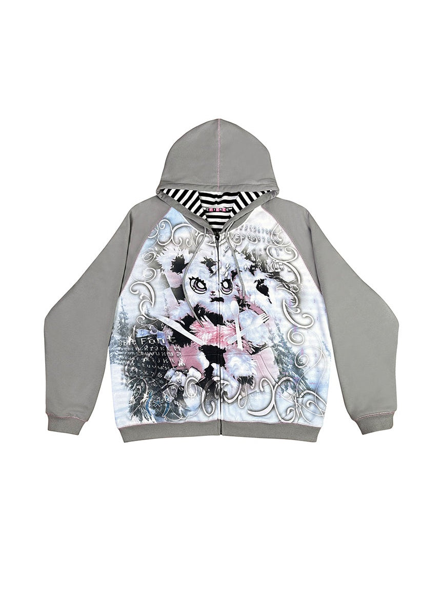 Bunny Print Loose ZIP-Up Parka