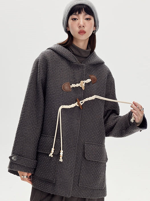 HOODED HORN BUCKLE WOOL COAT