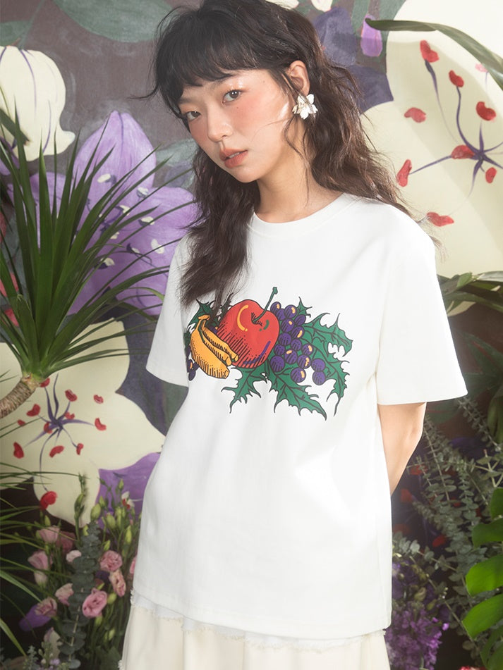 Oil Painting Fruit Printed Loose T-Shirt