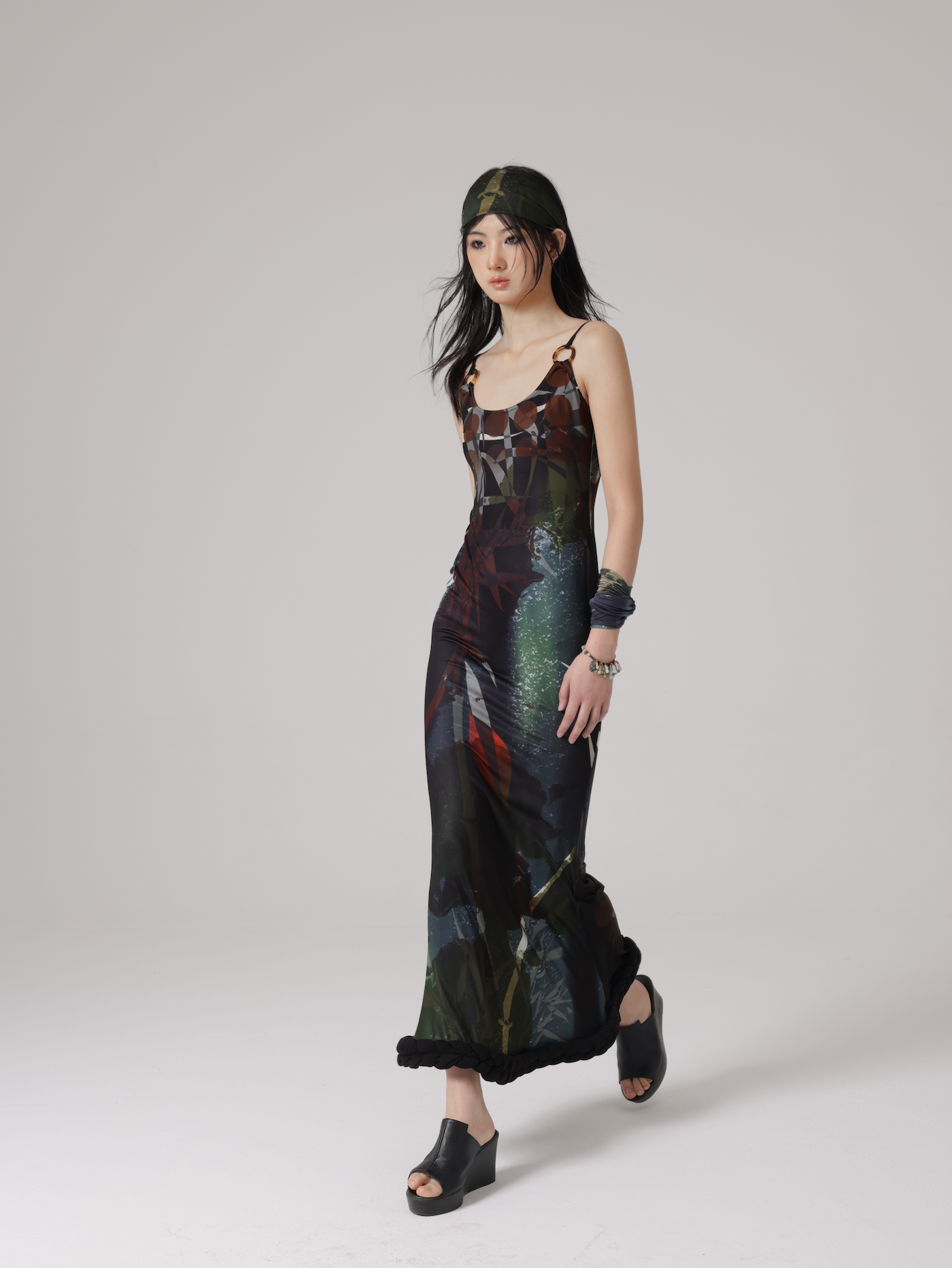 CHINESE STYLE PRINT FISHTAIL ADJUSTMENT SUSPENDER Dress