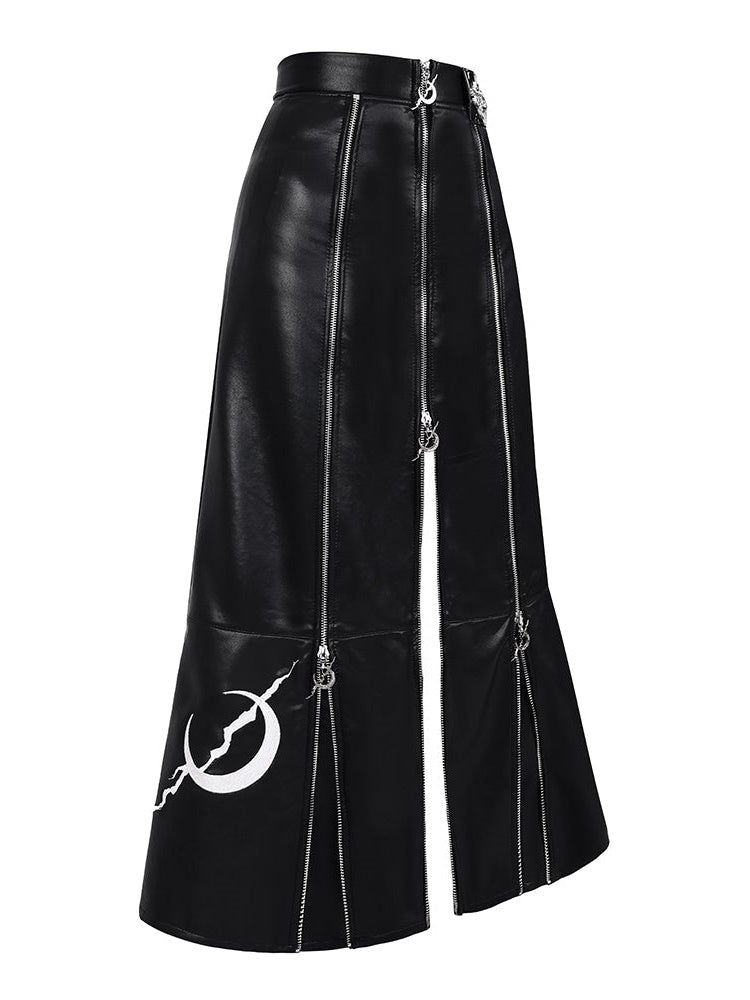 Zipper A-line PU Long Leather Skirt