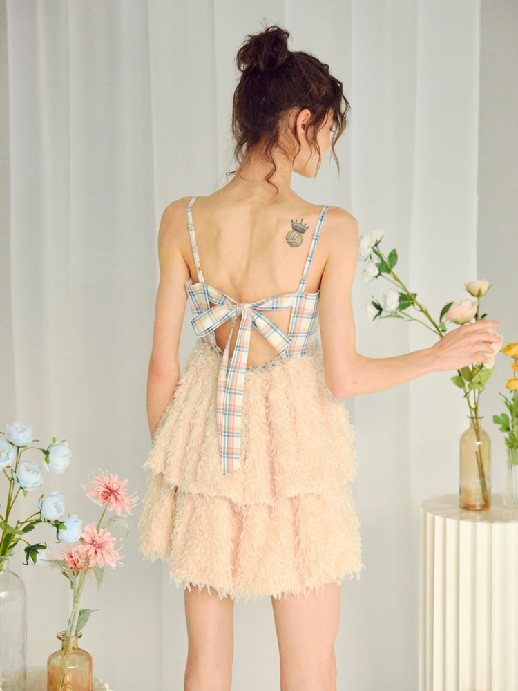 FUR Stitching Short Suspender Dress