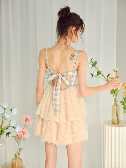 Fur Stitching Short Suspender Dress