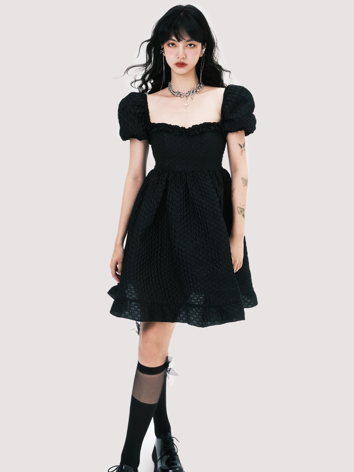 Jacquard Square Neck Puff Sleeve Dress