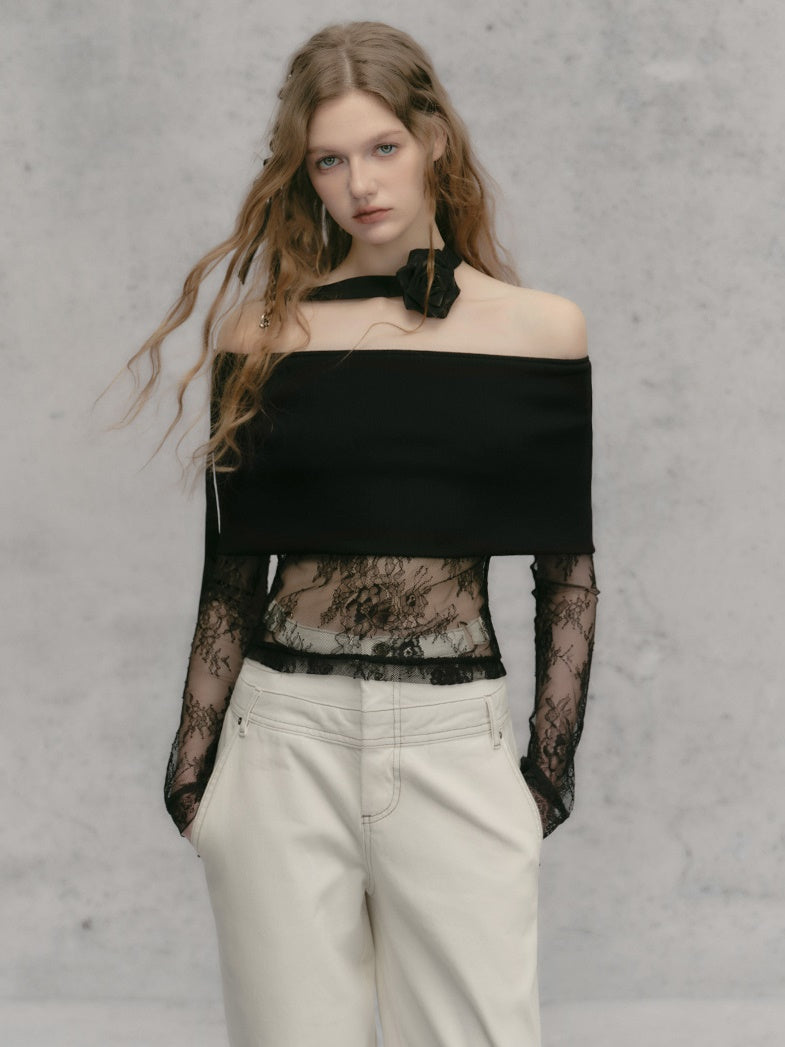 Stretch Lace Stitching Off-shoulder Top